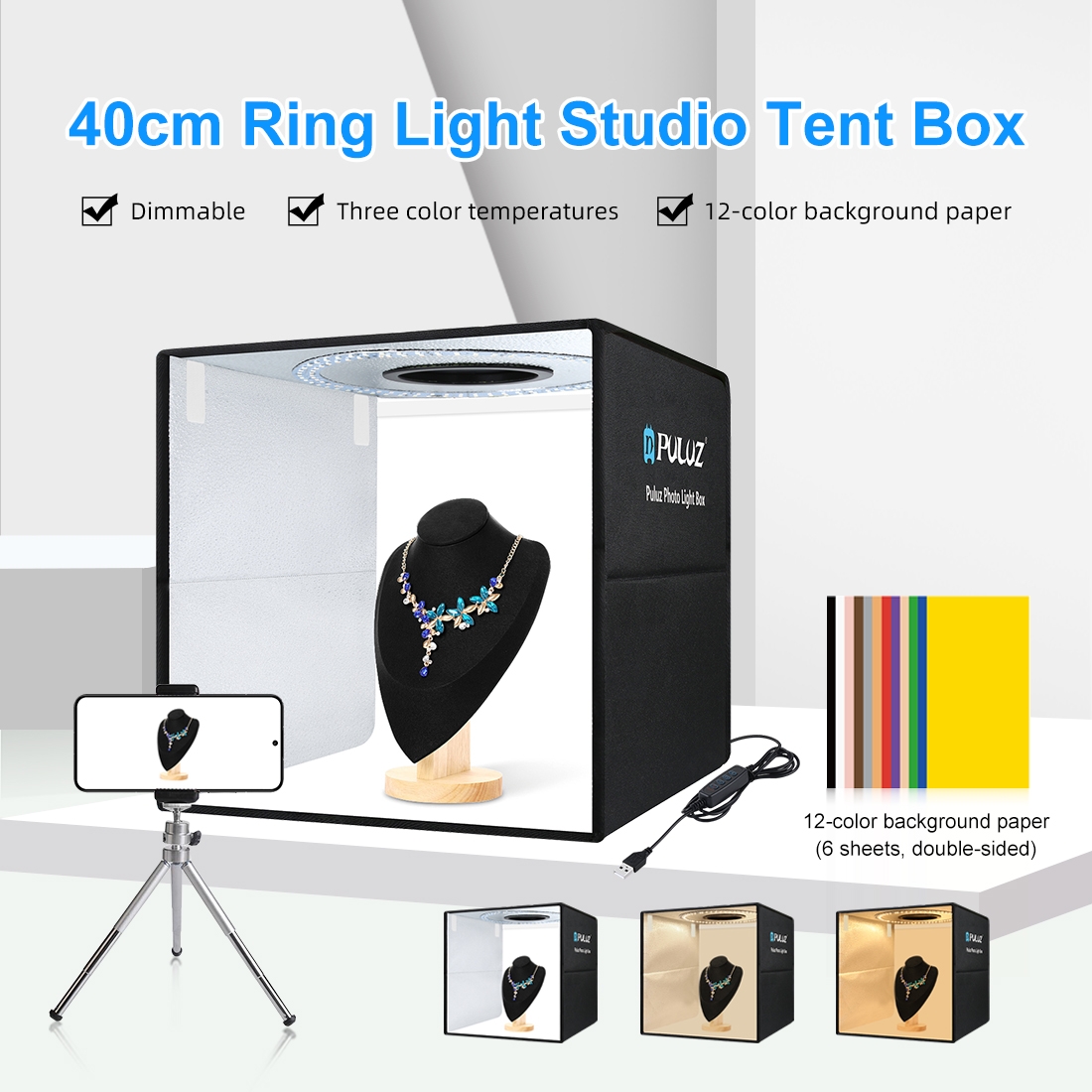 Photography Lighting Styles - PULUZ 40cm折りたたみ式ポータブルリングライトUSB写真照明スタジオ撮影テントボックス、6枚の両面カラーバックドロップ付きフォトボックス