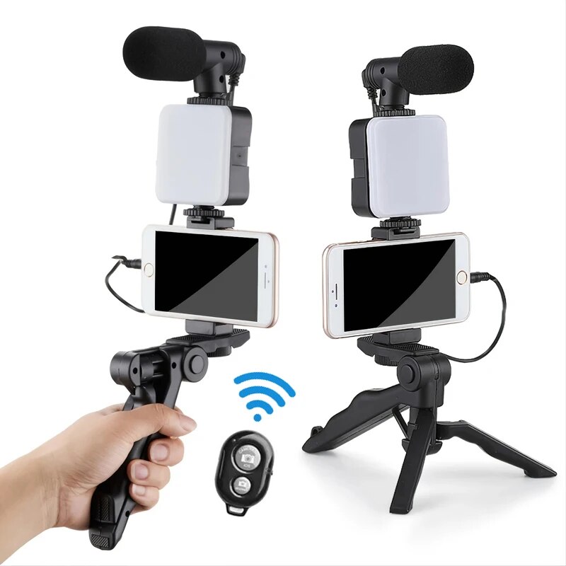 Photography Led Lighting Kit - 携帯電話ホルダー付きvloggingキット,ミニマイク,LEDライト,ライブストリーム,ビデオ,YouTube用の誘導スターター