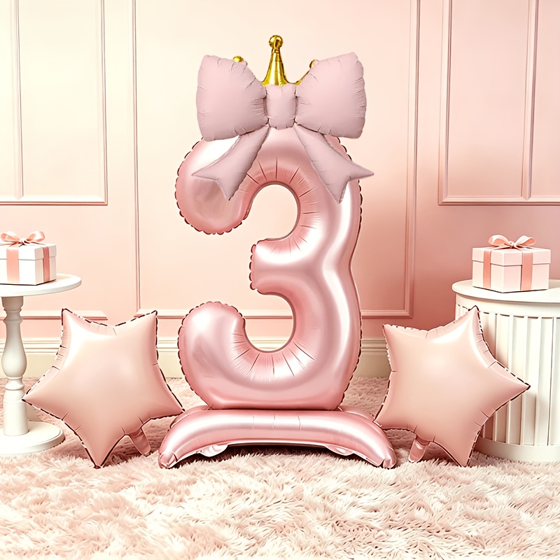 Photography Lighting Kits - ライトラグジュアリーピンク3Dバルーン0-9、ベースと王冠付き、リボンと星のフォイルバルーンセット、誕生日写真撮影デコレーションバルーンキット、優しいピンクのカラースキームで記念日のお祝い、クリスマス、ハロウィン、感謝祭の祝祭用品に最適