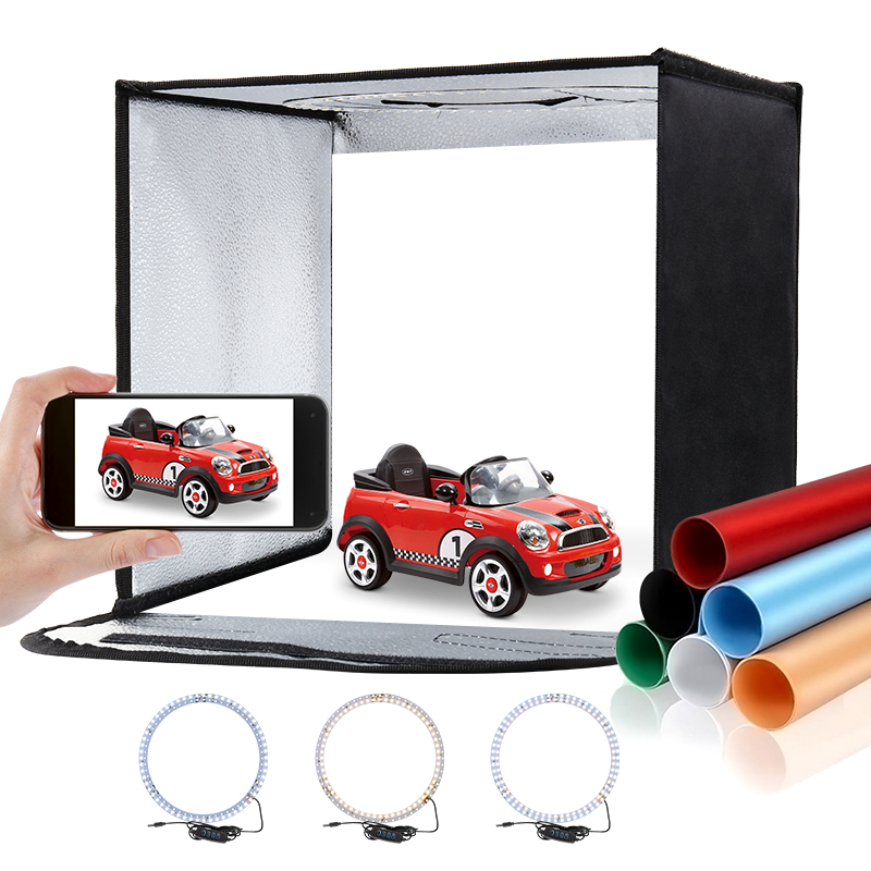 Photography Lighting Kits - 折りたたみ式フォトスタジオライトボックス、LEDライトリング付きマルチアングル撮影テントキット、写真撮影用キャリーバッグ、6つの背景、11.8x11.8