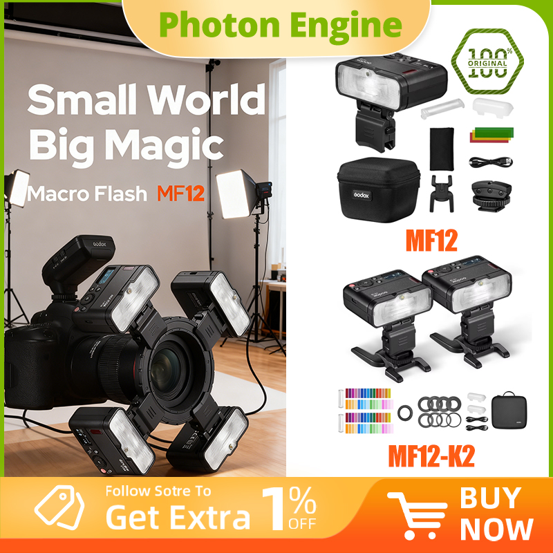 Photography Lighting Kit Godox - Godox MF12-K2 マクロフラッシュ2ライトキット ミニスピードライト内蔵 TTLフラッシュとカラーフィルター付き マクロ撮影用